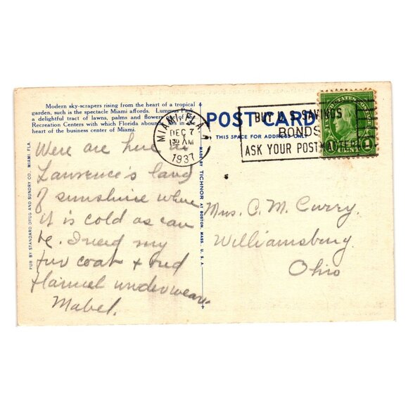 Lummus Park Downtown Miami Florida 1937 Linen Postcard Vintage Tichnor Stamp - Picture 2 of 2